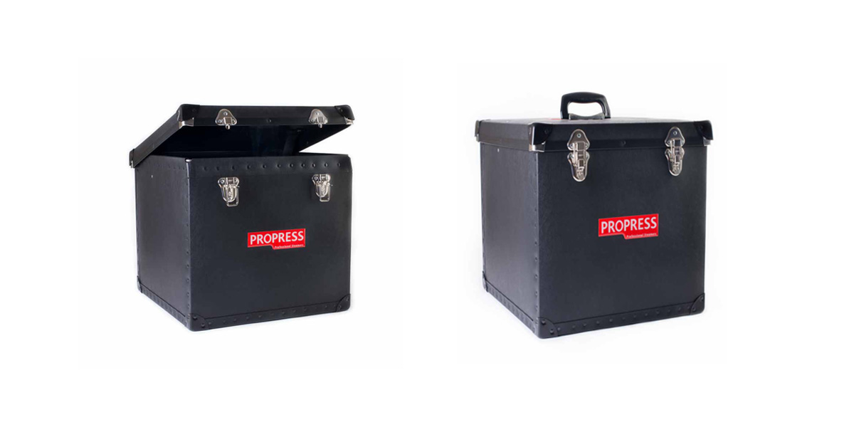 Steamer Accessories: Propress Carrying Case, closed and open - front and angled view